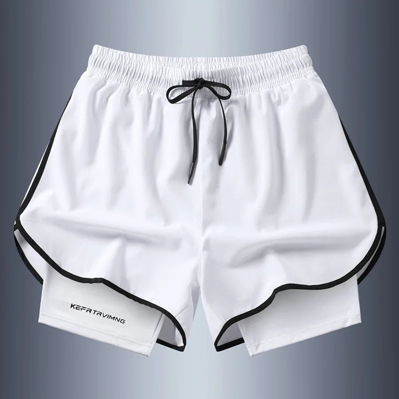Shorts esportivos casuais anti-exposição de camada dupla masculinos, mais vendidos no verão, para corrida, fitness, calças três quartos