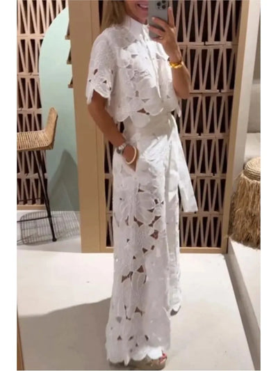 Conjunto de 2 peças de camisa de lapela sexy com abotoamento simples e calças de perna larga, moda feminina, cor sólida, elegante, casual, terno feminino