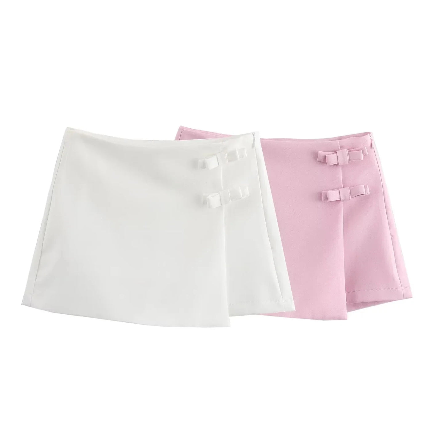 TRAF Saia-calça curta feminina com laço rosa, cintura alta, mini saia branca, moda verão, feminina, streetwear, culottes assimétricas