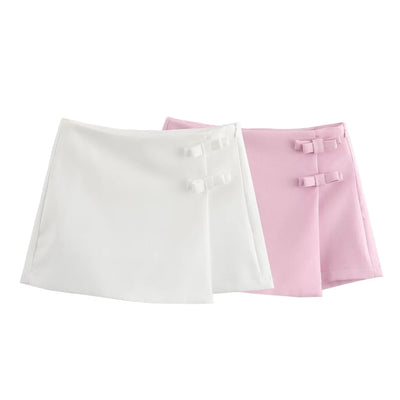 TRAF Saia-calça curta feminina com laço rosa, cintura alta, mini saia branca, moda verão, feminina, streetwear, culottes assimétricas