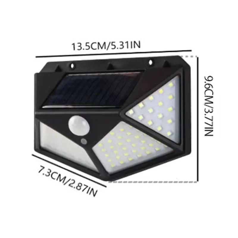 Luminária de parede solar 100LED, lâmpada externa à prova d'água, sensor de movimento, luz solar, lâmpada de rua, corrimão de jardim, lâmpada decorativa