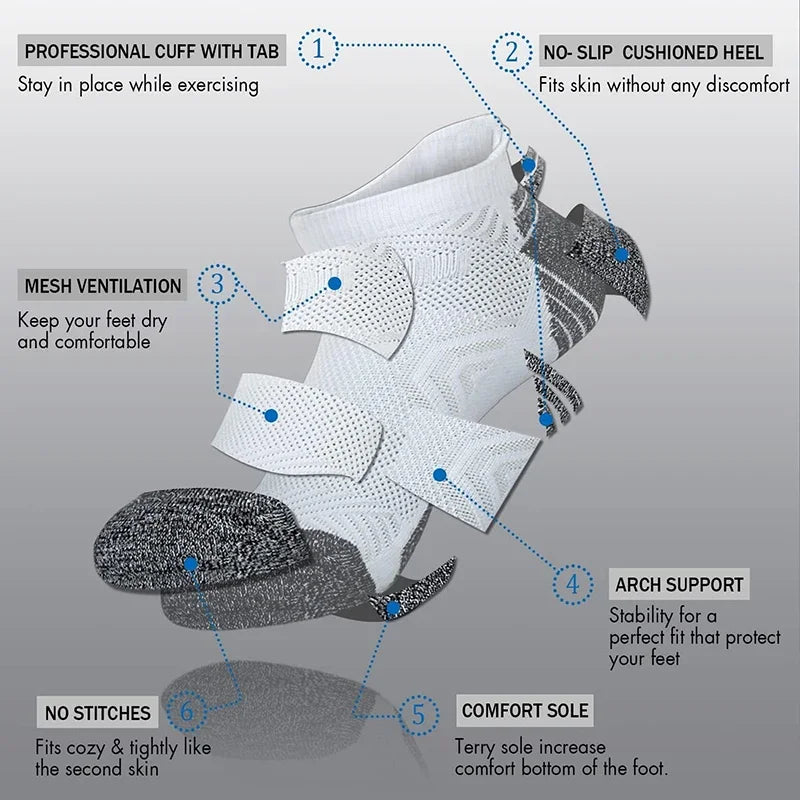 5 pares de meias de compressão atléticas de alto desempenho para homens e mulheres, suporte de tornozelo, cano baixo, aba macia, para corrida de maratona
