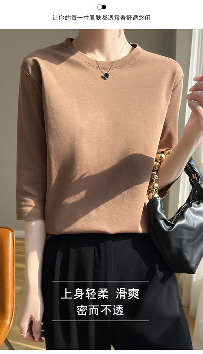 Camiseta feminina de manga curta de algodão mercerizado branco, nova primavera e verão, coringa, algodão, manga curta, camisa