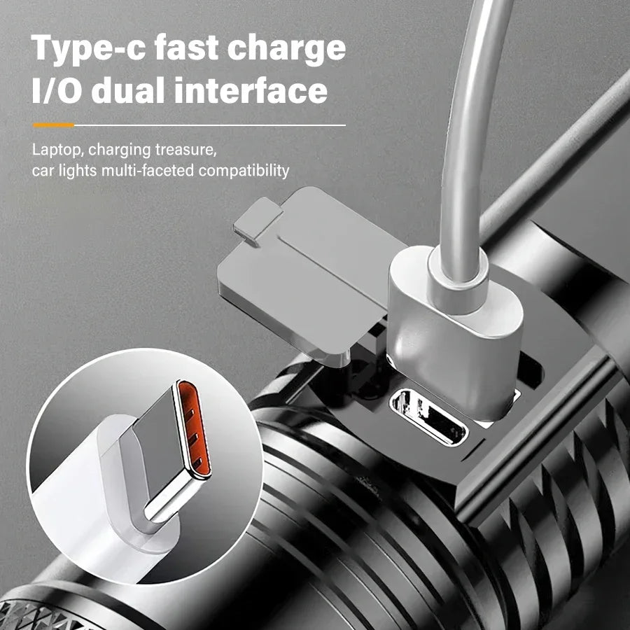 Lanterna LED de alta potência 2000LM, lanterna tática com luz de exibição, carregamento USB, acampamento, pesca, emergência, zoom