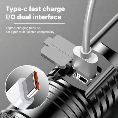 Lanterna LED de alta potência 2000LM, lanterna tática com luz de exibição, carregamento USB, acampamento, pesca, emergência, zoom