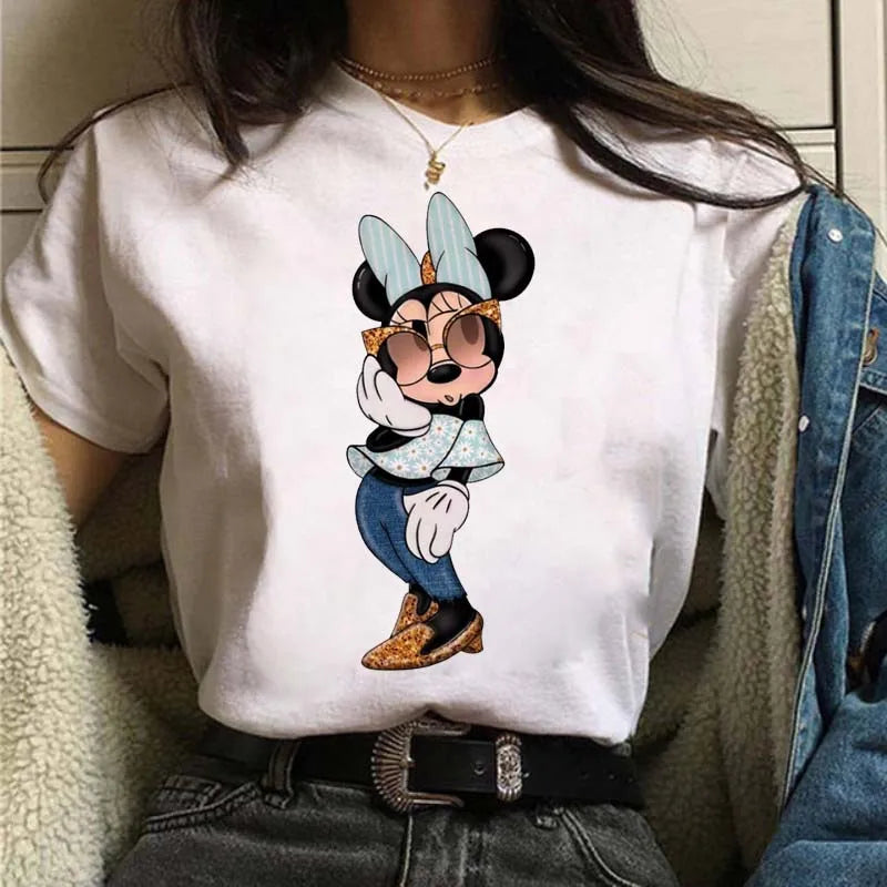 Camisetas fofas de desenho animado da Disney, Mickey Mouse, estampa de leopardo, Minnie, camiseta feminina, verão, branca, manga curta, gola redonda, tops masculinos