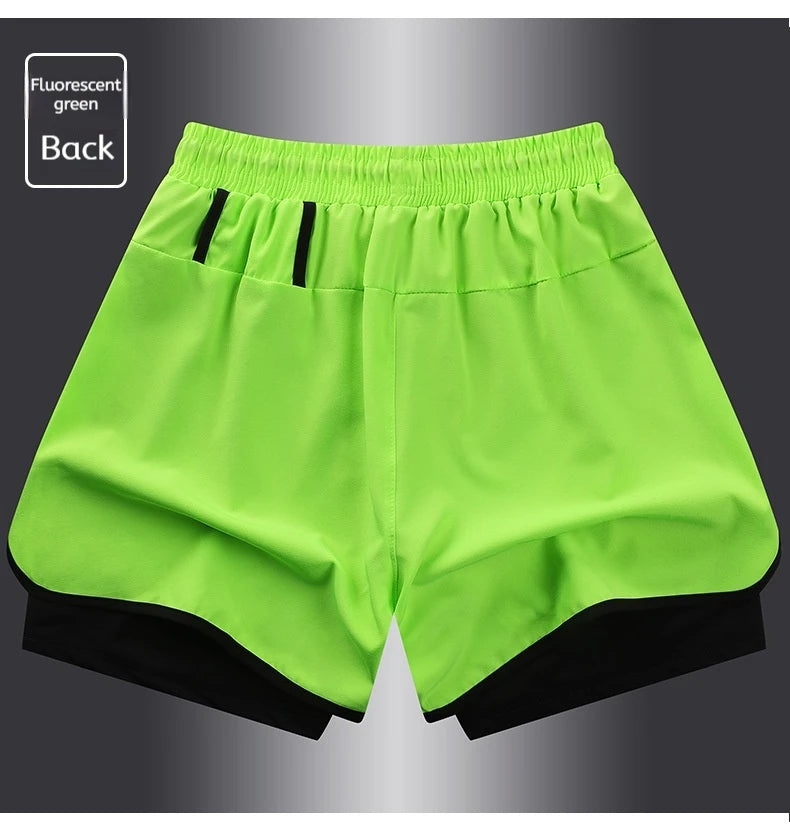 Shorts esportivos casuais anti-exposição de camada dupla masculinos, mais vendidos no verão, para corrida, fitness, calças três quartos