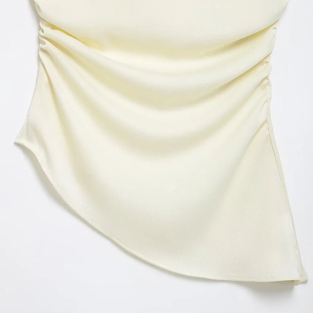 Blusa feminina assimétrica drapeada TRZA, um ombro, zíper lateral, moda chique, camisa feminina