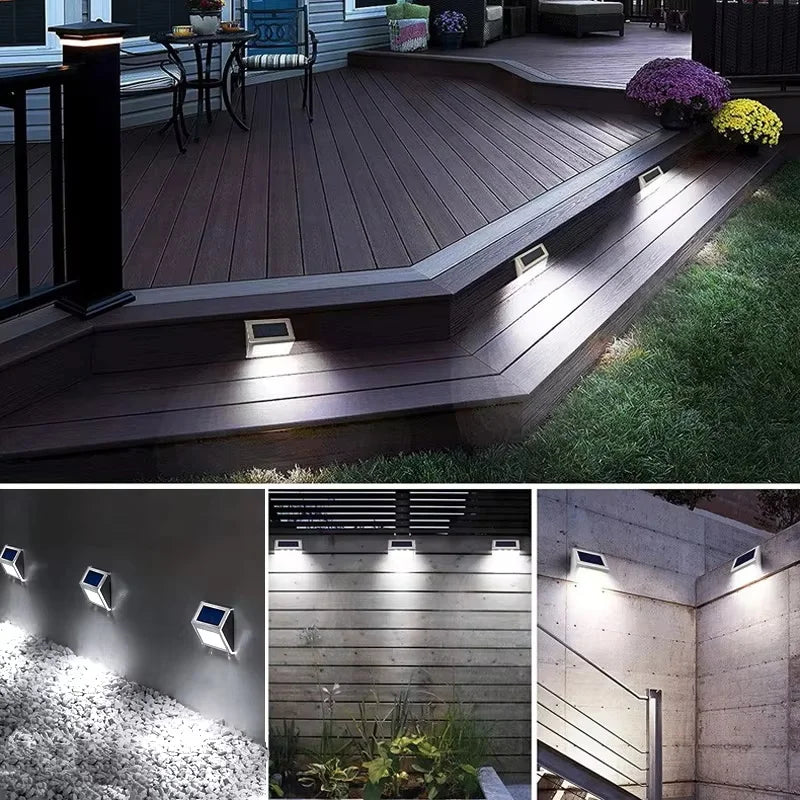 Luz de degrau 3LED de aço inoxidável, luzes solares para cerca, à prova d'água, lâmpadas de parede LED para áreas externas, luzes de deck para escada, jardim, cerca, pátio