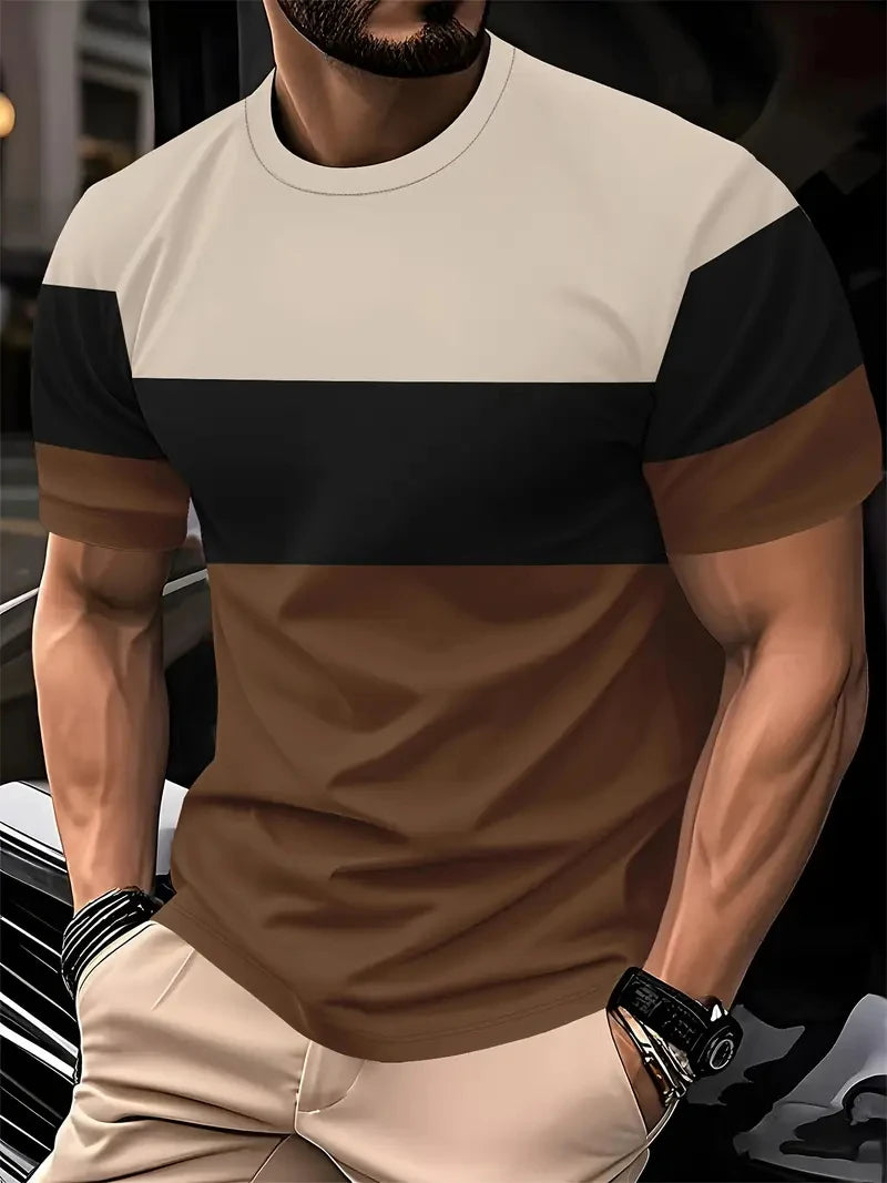 Camiseta masculina de manga curta, respirável, gola redonda, listrada, estampada, tamanho grande, solta, para o verão