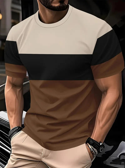 Camiseta masculina de manga curta, respirável, gola redonda, listrada, estampada, tamanho grande, solta, para o verão