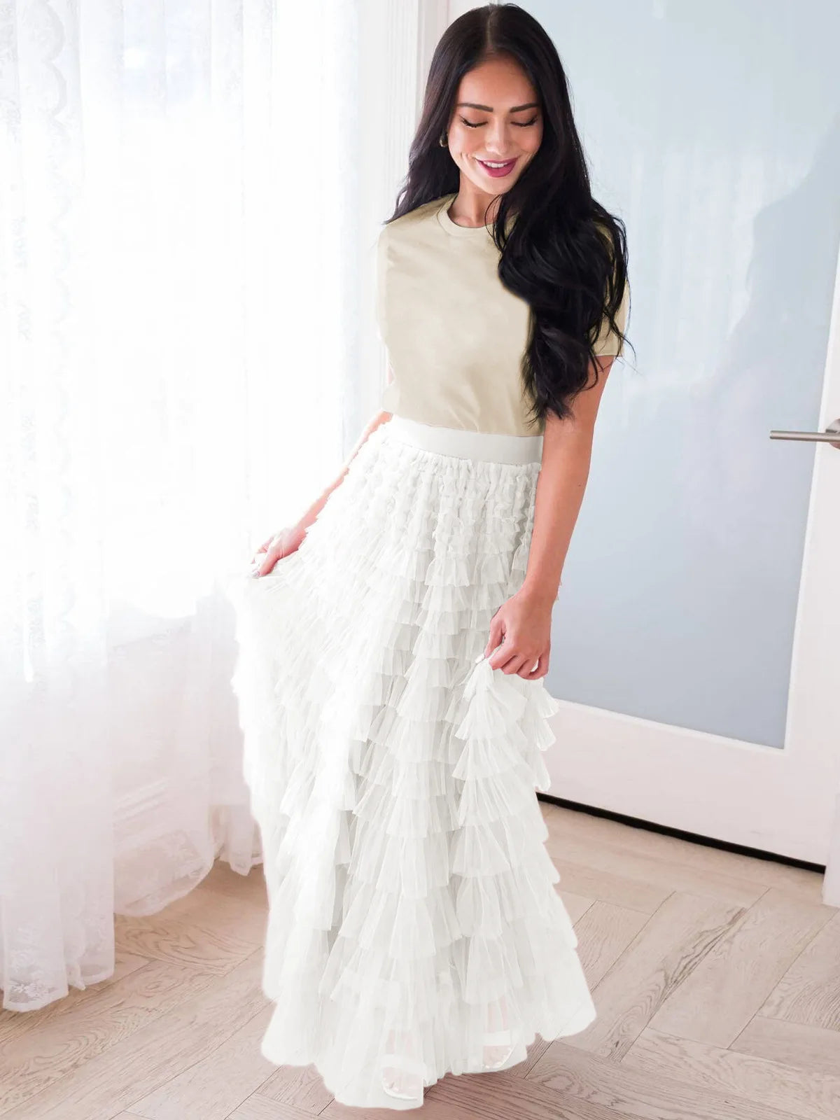 Saias casuais sólidas femininas em camadas, saia de tule com cintura alta, plissada, longa, tutu, elegantes, para mulheres, malha selvagem, saias longas para encontros