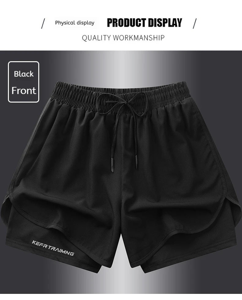 Shorts esportivos casuais anti-exposição de camada dupla masculinos, mais vendidos no verão, para corrida, fitness, calças três quartos