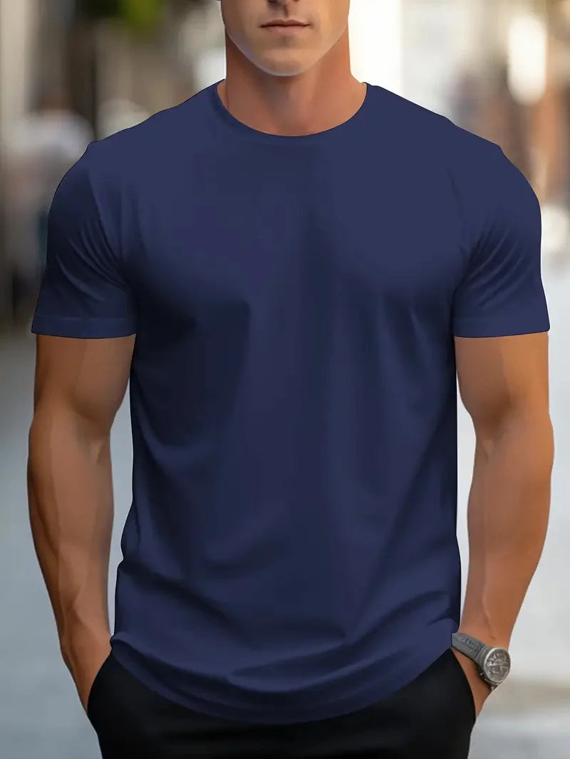 Moda masculina simples cor sólida estampada manga curta verão tops moda de rua gola redonda camiseta masculina solta
