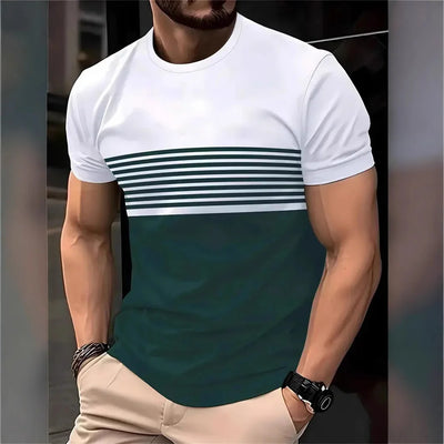 Camiseta listrada casual masculina 2025, manga curta, camisetas grandes, gola redonda, pulôver, camisas masculinas de rua, roupas de verão