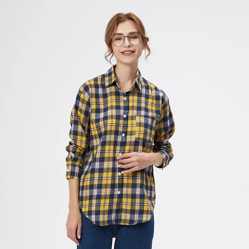 Camisa xadrez de flanela feminina 2024, novas blusas e tops femininos, camisas casuais de manga comprida soltas de algodão, roupas femininas finas