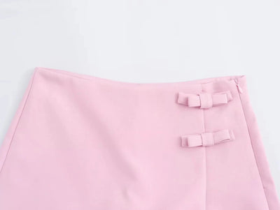 TRAF Saia-calça curta feminina com laço rosa, cintura alta, mini saia branca, moda verão, feminina, streetwear, culottes assimétricas