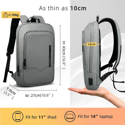 Mochila Heroic Knight para laptop de 14" Mochila fina masculina multifuncional para negócios, à prova d'água, com carregamento USB, mochila de viagem para trabalho