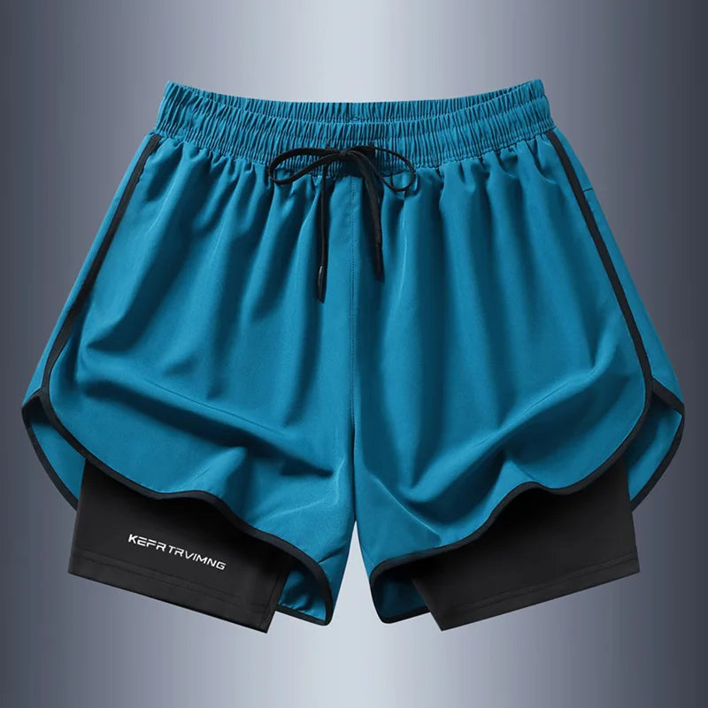 Shorts esportivos casuais anti-exposição de camada dupla masculinos, mais vendidos no verão, para corrida, fitness, calças três quartos