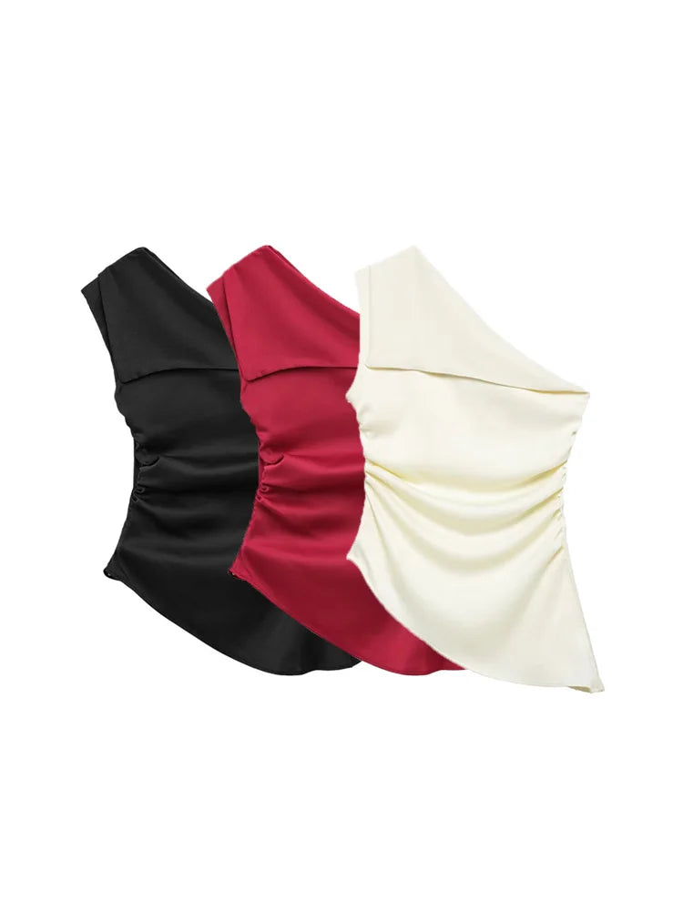 Blusa feminina assimétrica drapeada TRZA, um ombro, zíper lateral, moda chique, camisa feminina