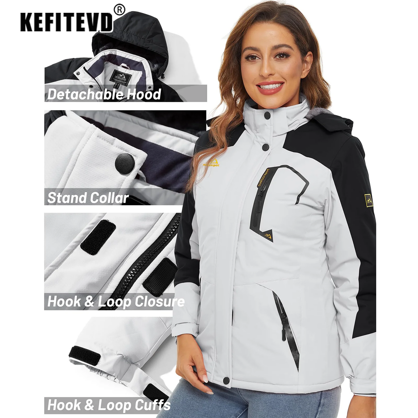 Jaqueta feminina de inverno pesada para snowboard e esqui KEFITEVD, térmica, quente, para caminhadas, corta-vento, casual