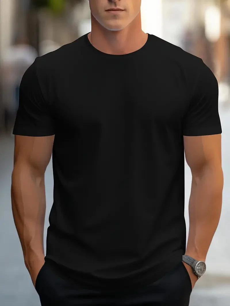 Moda masculina simples cor sólida estampada manga curta verão tops moda de rua gola redonda camiseta masculina solta