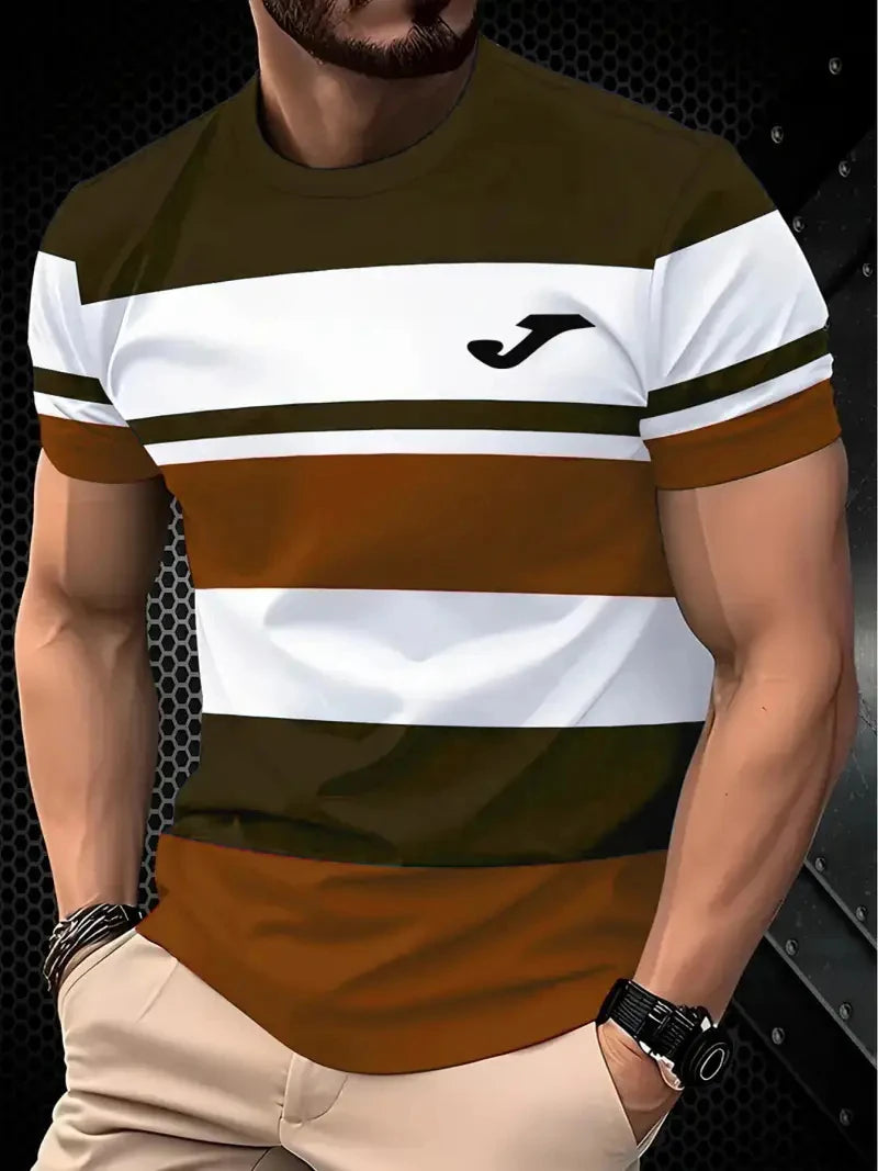 Camiseta masculina de manga curta, respirável, gola redonda, listrada, estampada, tamanho grande, solta, para o verão