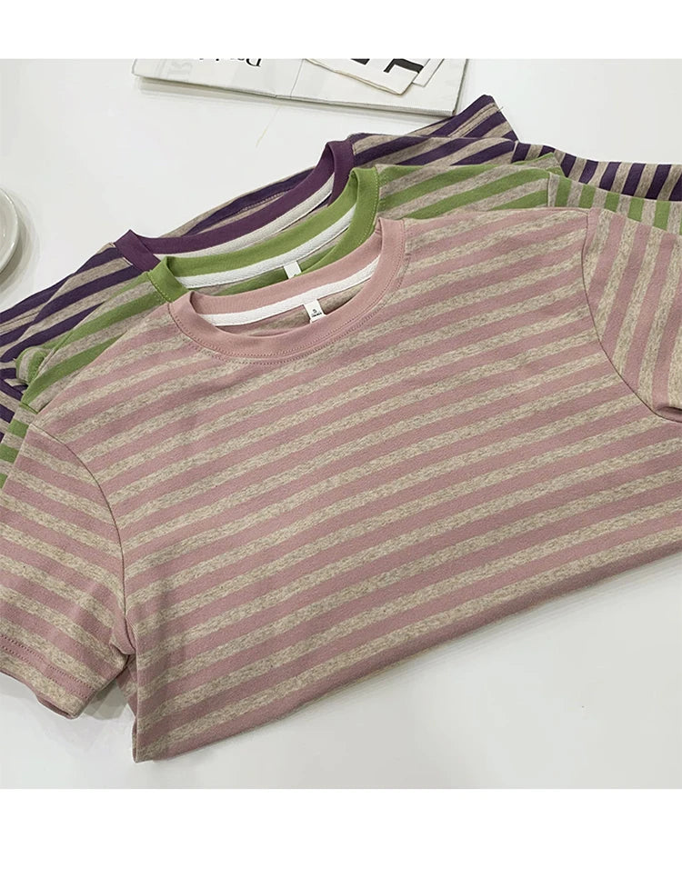 Camisetas listradas de manga curta de verão, versáteis, femininas, de malha, básicas, casuais, camisetas femininas, confortáveis, soltas, de algodão, 2023, camisa Harajuku