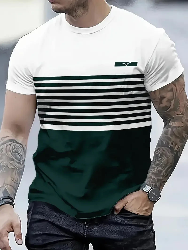 Camiseta masculina clássica de verão para atividades ao ar livre, gola redonda, manga curta, listrada, estampa de rua, camiseta solta, roupa grande masculina