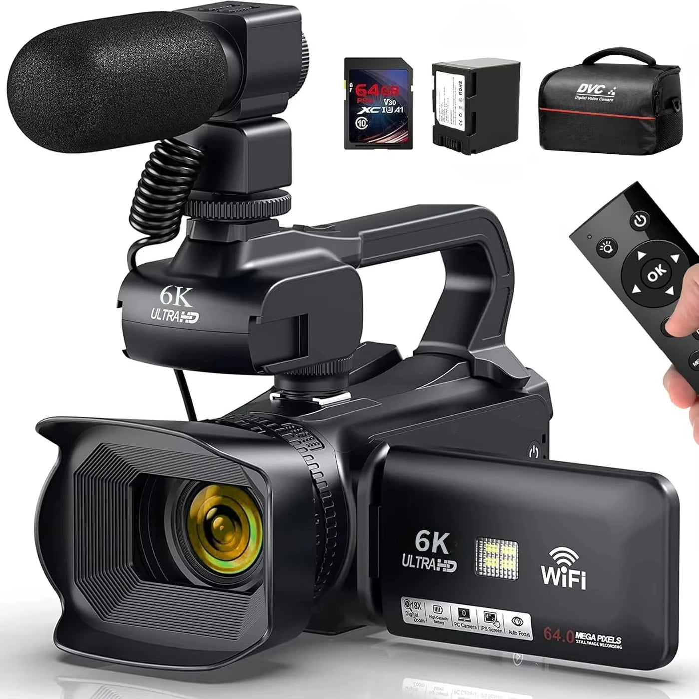 Câmera de vídeo profissional 6K para fotografia, zoom digital de 18x, visão noturna, câmera de vlog, webcam de transmissão ao vivo com WiFi de 64 MP