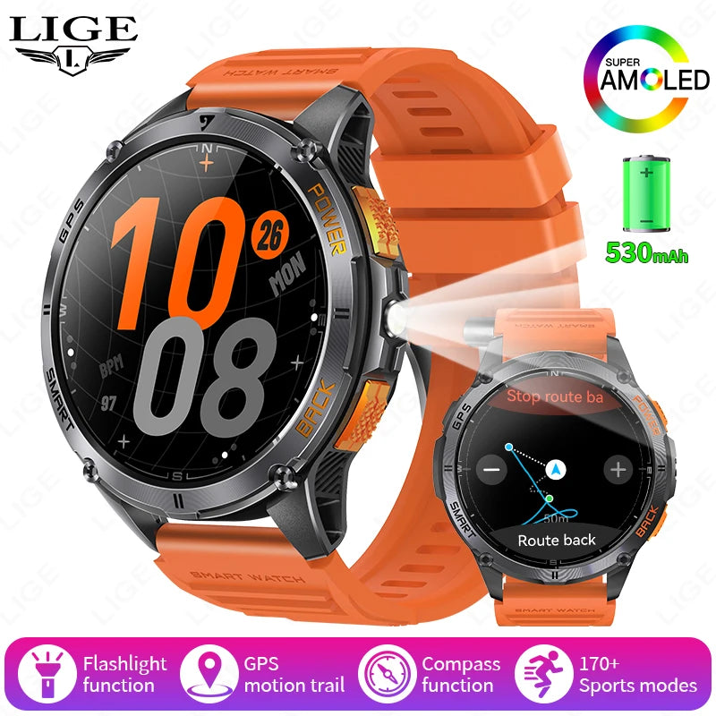 Relógio inteligente LIGE GPS premium, novo, altímetro, barômetro, tela AMOLED, GPS e bússola integrados, relógio inteligente esportivo militar masculino
