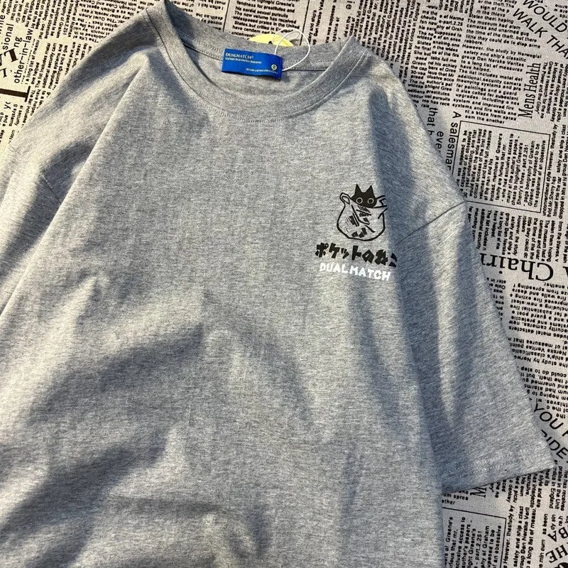 Camiseta de manga curta estampada com desenho de gato retrô japonês de verão, masculina e feminina, para casais, estilo universitário, top grande