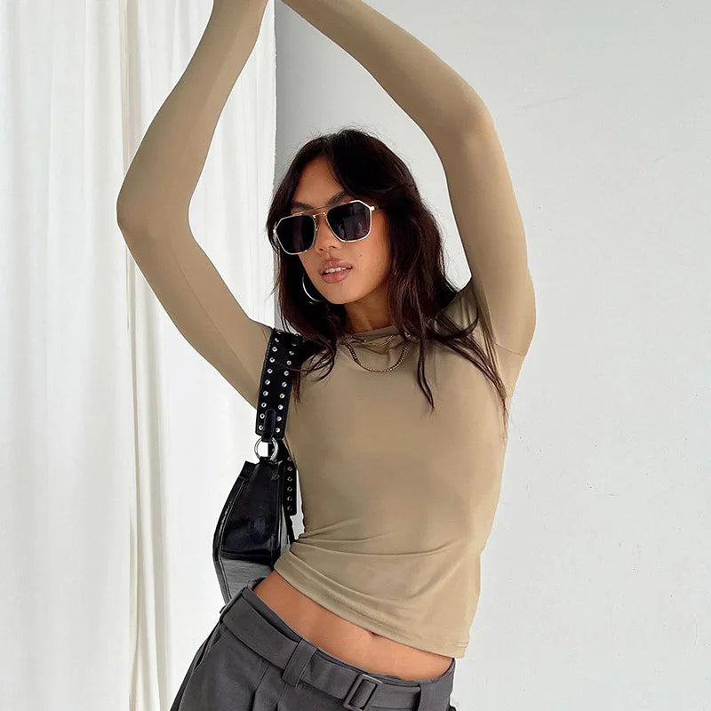 Camisetas femininas casuais de manga comprida, primavera outono, lisas, slim fit, pulôveres, camisetas, streetwear feminino, camisetas básicas, tops casuais