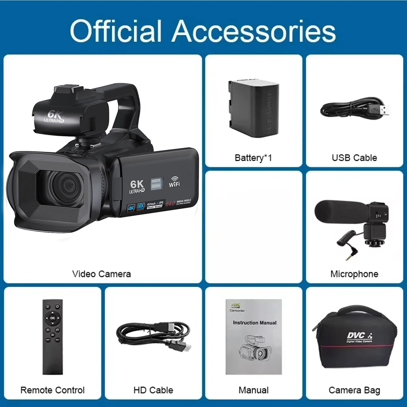 Câmera de vídeo profissional 6K para fotografia, zoom digital de 18x, visão noturna, câmera de vlog, webcam de transmissão ao vivo com WiFi de 64 MP