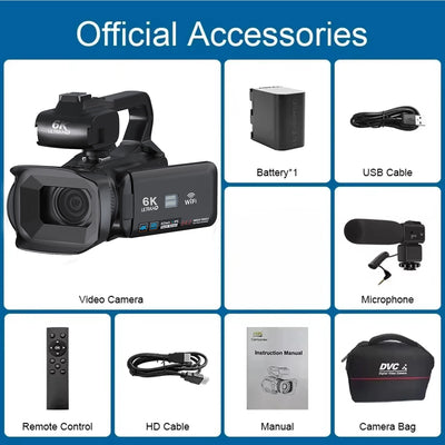 Câmera de vídeo profissional 6K para fotografia, zoom digital de 18x, visão noturna, câmera de vlog, webcam de transmissão ao vivo com WiFi de 64 MP