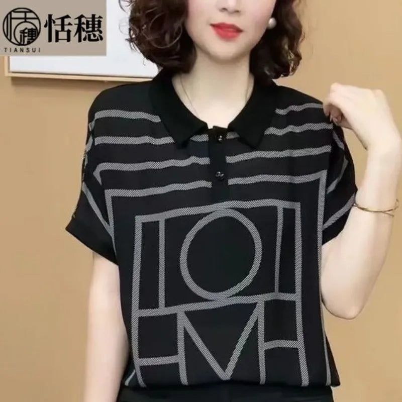 Camiseta feminina de verão, estampa de escritório, gola polo, manga curta, casual, solta, fina, para combinar