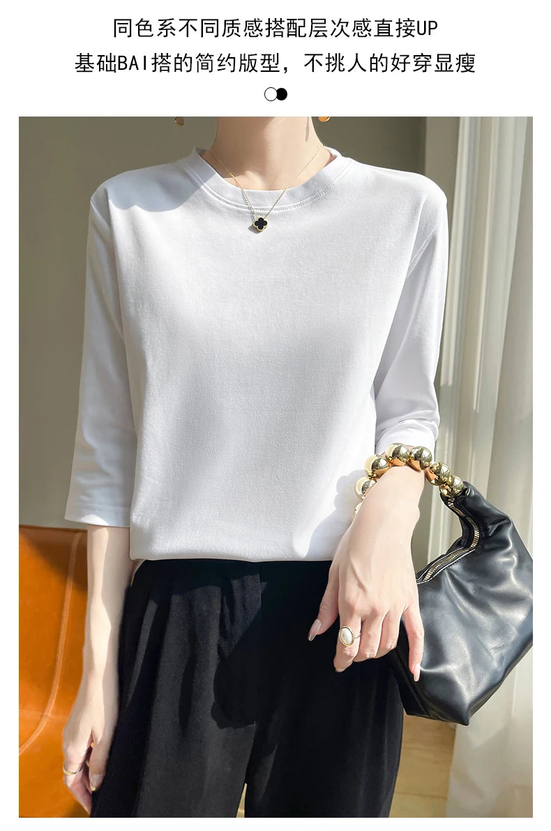 Camiseta feminina de manga curta de algodão mercerizado branco, nova primavera e verão, coringa, algodão, manga curta, camisa