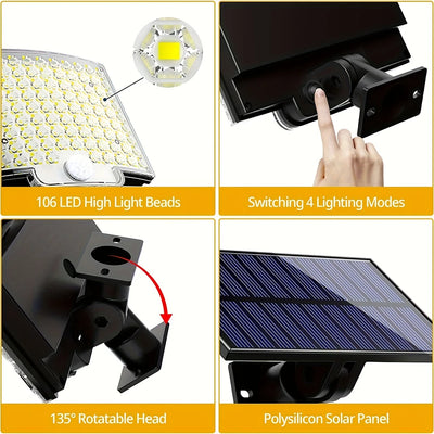 Luz solar dividida 106LED para áreas externas, à prova d'água, com sensor de movimento, holofote com controle remoto, 3 modos para pátio, garagem e quintal