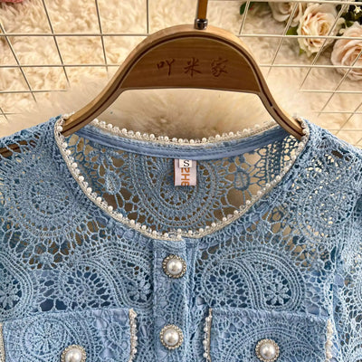 Elegante vestido longo de pérolas, conjunto feminino de 2 peças, manga curta, flor, bordado, camisa de renda, saia midi evasê