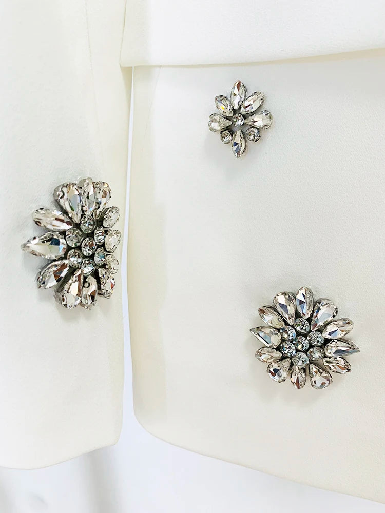 Conjunto de terno de grife da moda 2024 da High Street, luxuoso, com strass, diamantes, contas, blazer, calça flare, 2 peças