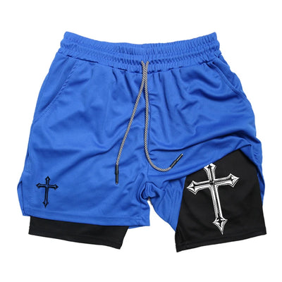 Shorts de corrida 2 em 1 com estampa cruzada para homens, shorts esportivos de academia cristã com forro de compressão, bolso para celular e toalha G
