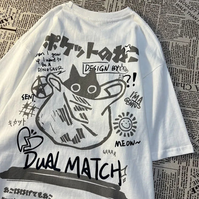 Camiseta de manga curta estampada com desenho de gato retrô japonês de verão, masculina e feminina, para casais, estilo universitário, top grande