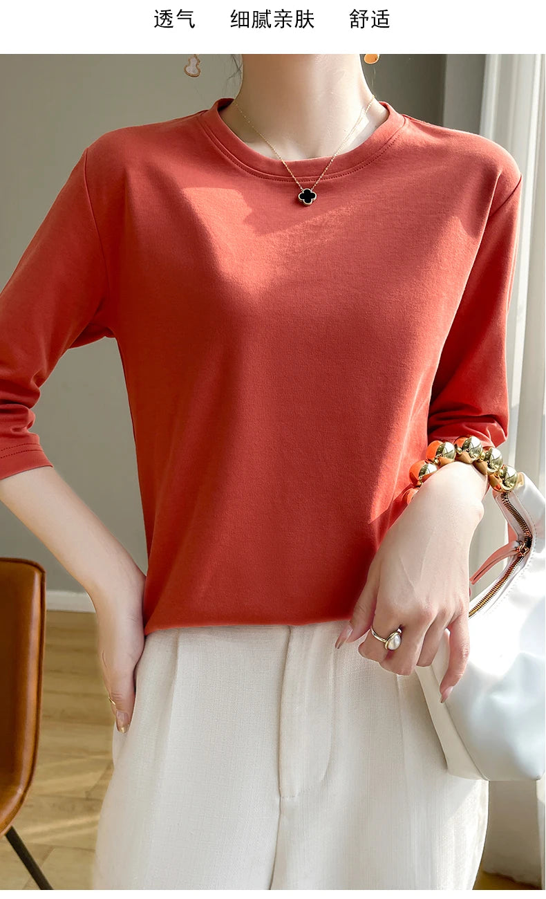 Camiseta feminina de manga curta de algodão mercerizado branco, nova primavera e verão, coringa, algodão, manga curta, camisa