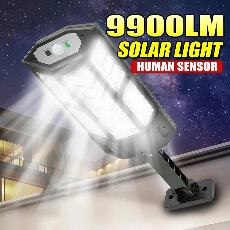 Luzes LED solares 9900LM para áreas externas, lâmpada solar com sensor de movimento, 3 modos, à prova d'água, IP65, luz solar para jardim, quintal, lanterna