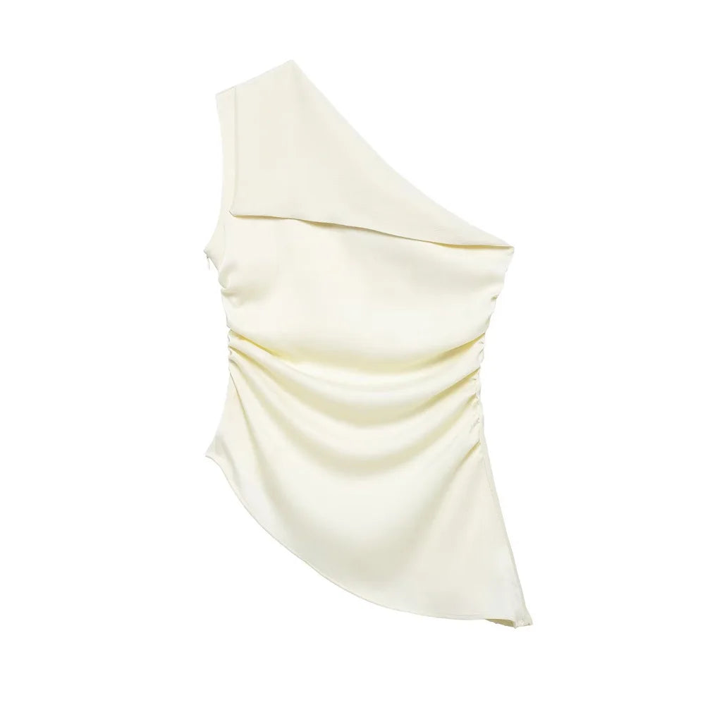 Blusa feminina assimétrica drapeada TRZA, um ombro, zíper lateral, moda chique, camisa feminina