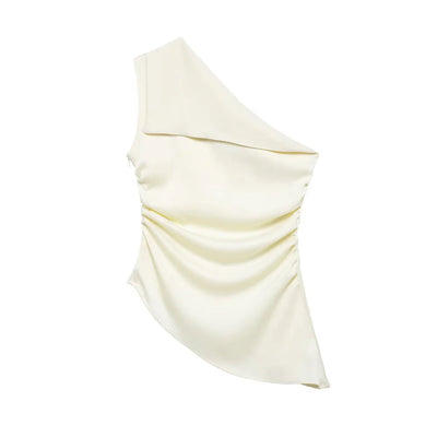 Blusa feminina assimétrica drapeada TRZA, um ombro, zíper lateral, moda chique, camisa feminina