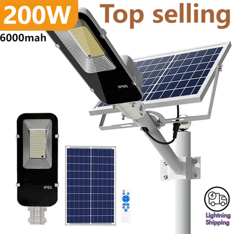 Luz solar potente de 200 W, luz de rua solar externa, 6000 mAh, à prova d'água, automática, do anoitecer ao amanhecer, para garagem e jardim