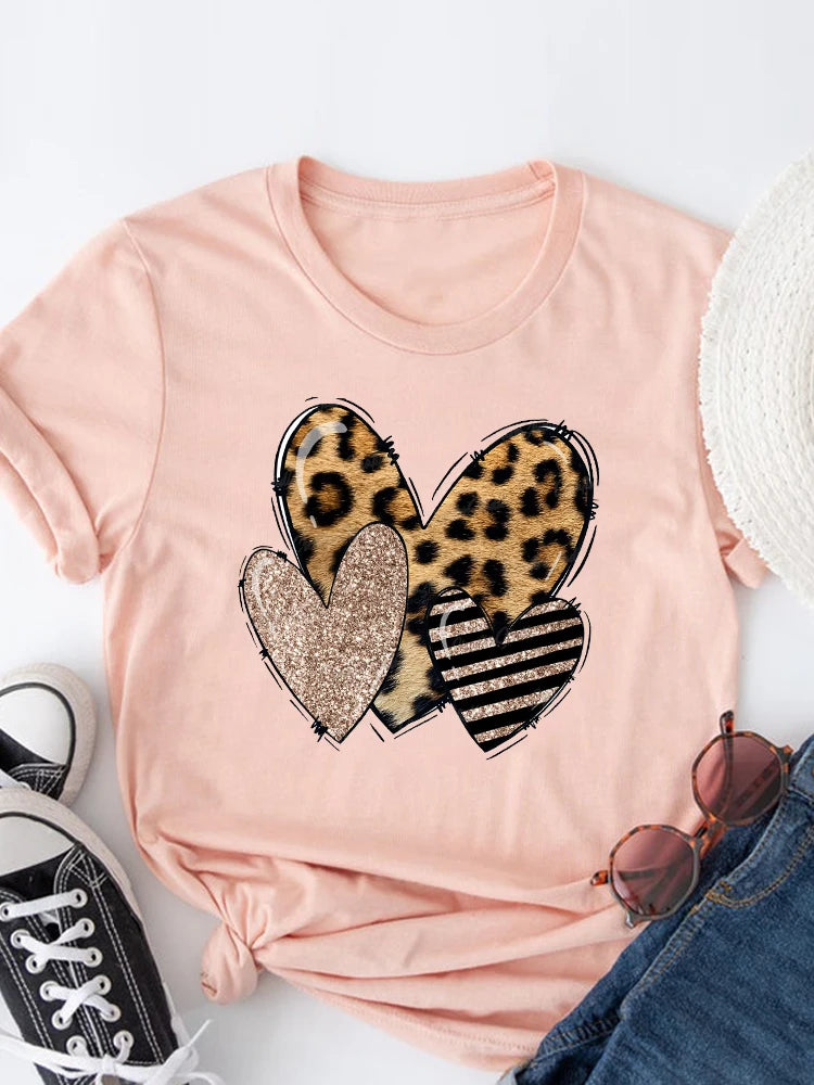 Roupas de verão leopardo amor coração doce moda feminina camisetas casuais manga curta regular camiseta feminina gráfica roupas