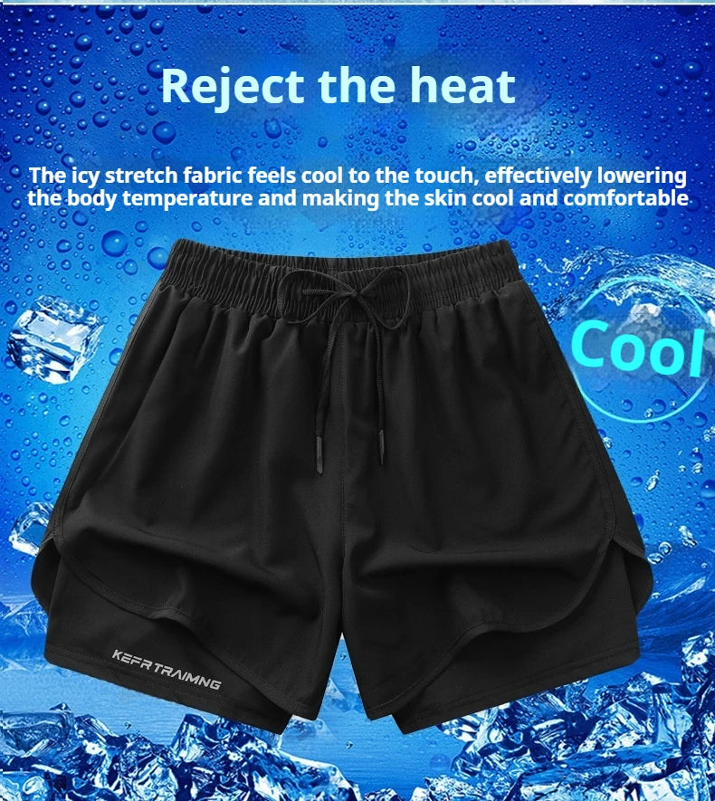 Shorts esportivos casuais anti-exposição de camada dupla masculinos, mais vendidos no verão, para corrida, fitness, calças três quartos