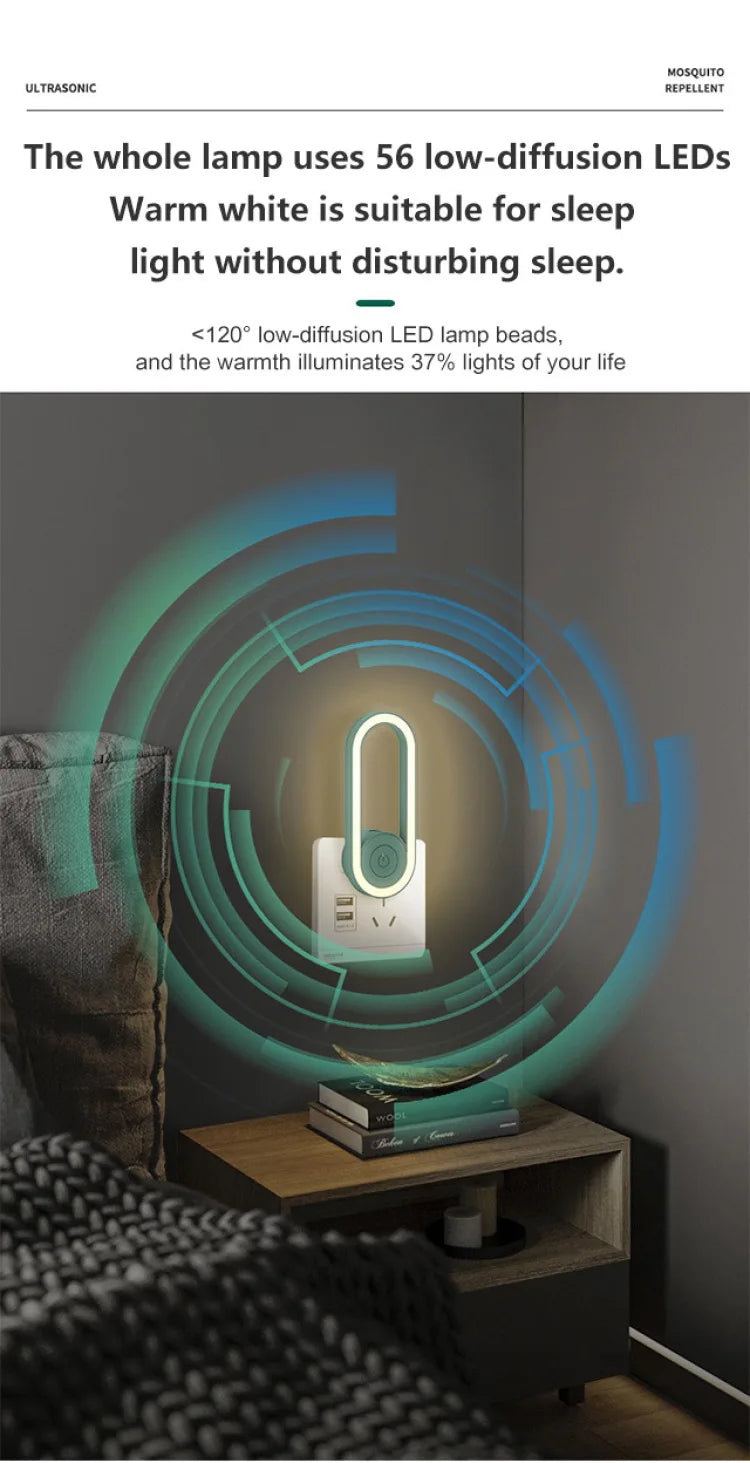 Repelente ultrassônico de mosquitos, luz noturna LED, mata insetos, lâmpada noturna elétrica para ambientes internos e externos, armadilha para moscas, captura de insetos, mata insetos